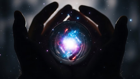 Hands holding a crystal ball with cosmic background. 3D renderingの素材