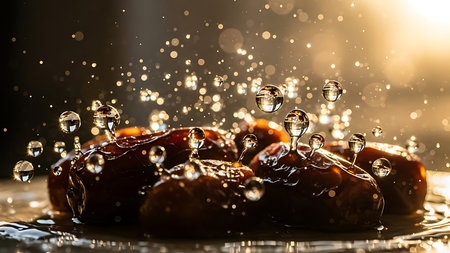 Water drop falling on dates fruits. Water drops fall on dates.の素材