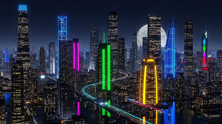 Cityscape with skyscrapers and high-rise buildings at nightの素材