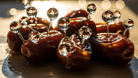 Dates with water drops on the table. Selective focus.の素材