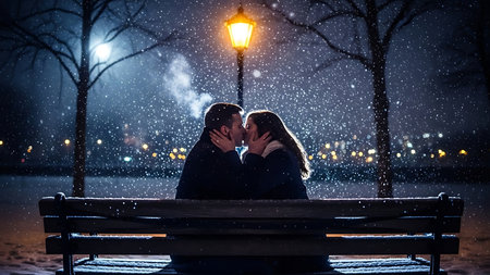 Young loving couple sitting on bench in winter park at night and kissingの素材