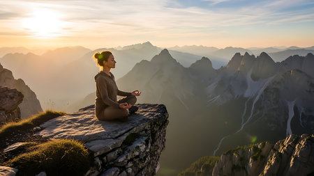 Young woman meditating in yoga lotus pose on top of a mountain during sunriseの素材