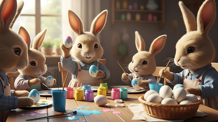 Easter bunnies painting eggs in the kitchen. 3d renderingの素材