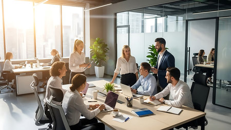 Group of business people working together in modern office. Multiethnic startup business team on meeting in modern office.の素材