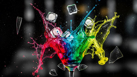 Colorful cocktail splashing out of a glass on a black backgroundの素材