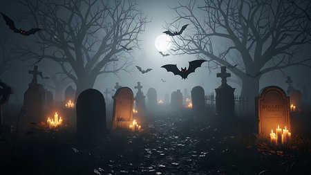 Halloween background with cemetery, bats and gravestones, 3d renderの素材