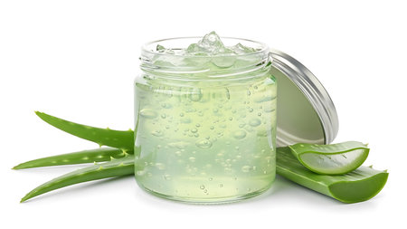 Jar with aloe vera gel and fresh leaves on white backgroundの素材