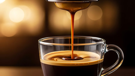 Coffee pouring into a glass cup on a dark background.の素材