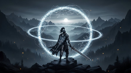 Silhouette of female warrior in fantasy landscape. 3d renderingの素材