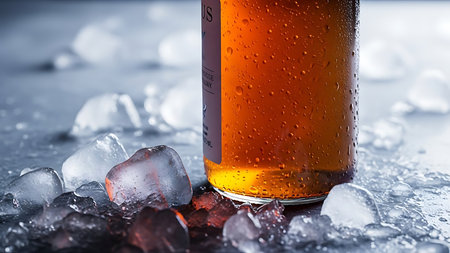 Bottle of beer with ice cubes on dark background, close upの素材