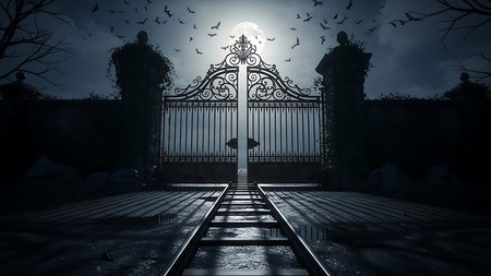 Halloween background with old iron gate and full moon. 3d renderingの素材