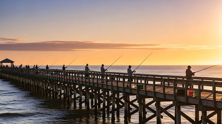 Fishermen fishing on a wooden pier at sunset in the eveningの素材