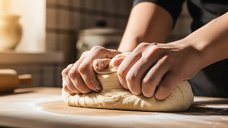Female hands kneading dough on a wooden board in the kitchenの素材