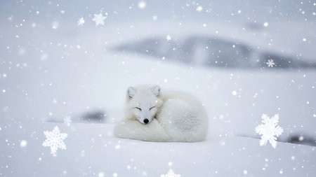 Arctic fox in the snow with snowflakes and stars.の素材