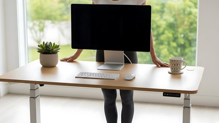 Young businesswoman working with computer at desk in modern office. Freelance concept.の素材