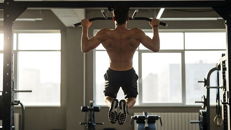 Back view of a young muscular man doing pull-ups in the gymの素材