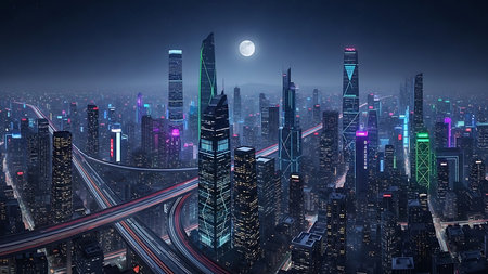 Futuristic city at night with high-rise buildings and roadの素材