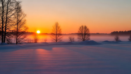 beautiful winter sunrise over the snow-covered field in the countrysideの素材