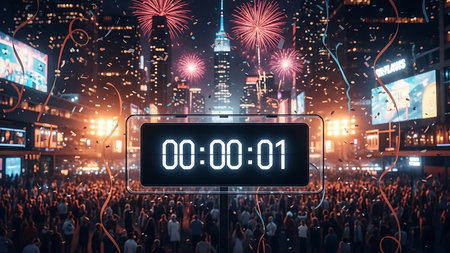 Digital composite of New Year's Eve celebration with cityscape and fireworksの素材