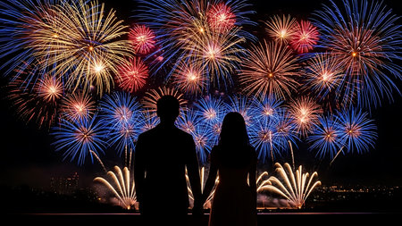 Silhouette of young couple looking at fireworks in the night skyの素材