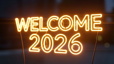 Welcome 2016 glowing neon sign on blurred background. 3D rendering.の素材