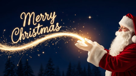 Santa Claus is magic with magical sparks and Merry Christmas text on dark backgroundの素材
