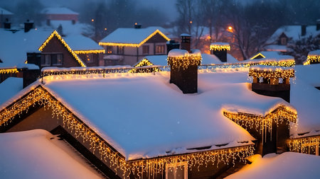 Christmas lights on the roofs of houses covered with snow at night.の素材