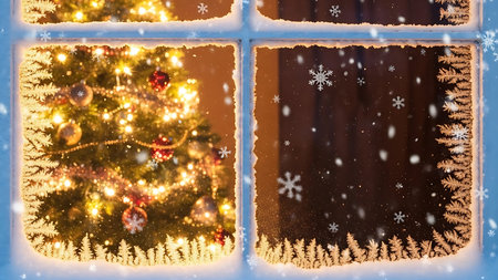 Christmas tree in window with snowflakes and bokeh lightsの素材