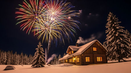 Beautiful winter night with fireworks and wooden house in the mountains.の素材