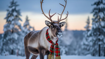 Reindeer with a scarf in the winter forest at sunset.の素材