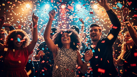 Happy young people dancing and having fun at a nightclub with confetti.の素材