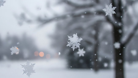 Snowflakes in the city park. Winter landscape with snowfall.の素材