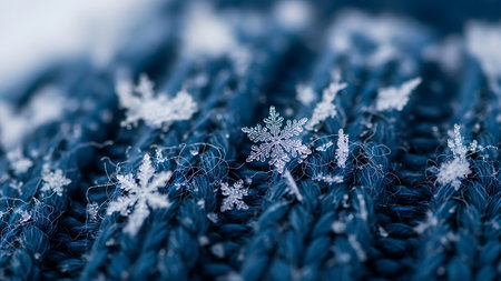 Snowflakes on a knitted blue scarf. Shallow depth of fieldの素材