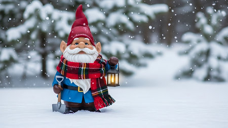 Garden gnome with a lantern in the winter forest. Christmas background.の素材