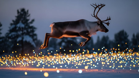 reindeer jumping with christmas lights in the background. 3d renderingの素材