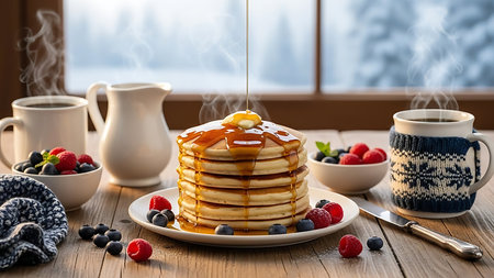 Pancakes with fresh berries and maple syrup on a wooden backgroundの素材