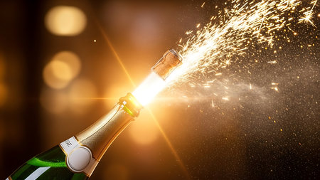 Close up of champagne bottle splashing out of bottle with sparks.の素材