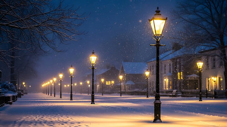 Winter night in old town of Vilnius, Lithuania. Street lights at night.の素材