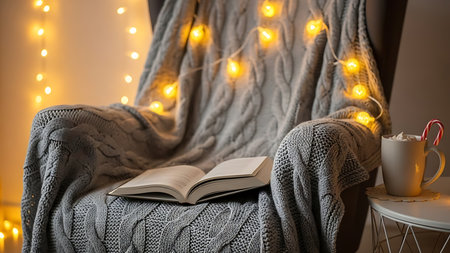 Cozy living room interior with book, cup of hot drink and Christmas lightsの素材