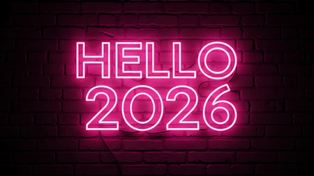 Hello 2026 neon sign on brick wall background. Vector illustration.の素材