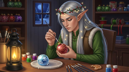 The girl paints a Christmas ball with a brush. 3d renderingの素材