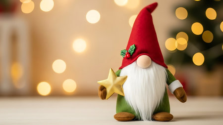 Garden gnome with star and christmas tree on blurred lights backgroundの素材