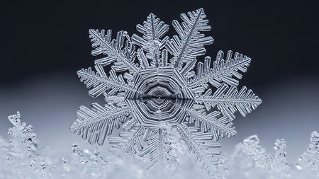 Snowflake with reflection on black background. 3D rendering illustration.の素材