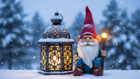 Christmas and New Year greeting card with Santa Claus and lantern in the snowの素材