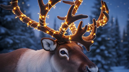 3D rendering of a reindeer with christmas lights in the forestの素材