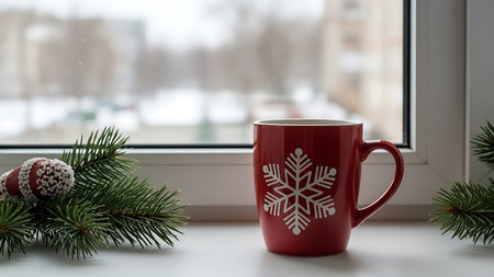 Mug of hot drink on the windowsill with spruce branchesの素材