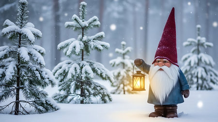 Garden gnome with a lantern in the winter forest. Christmas background.の素材