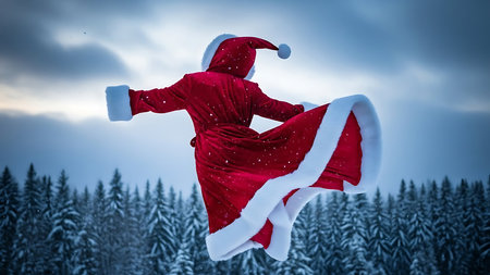 Santa claus flying in the sky against fir trees in snowy forestの素材