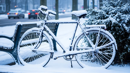 Bicycles covered with snow in the city. Winter landscape.の素材