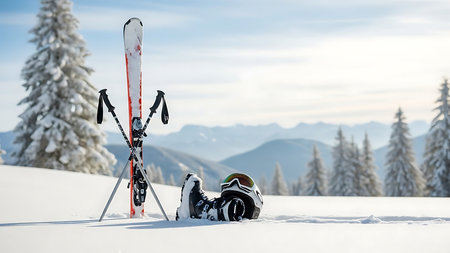 Skis and helmet in the snow against the backdrop of the mountainsの素材